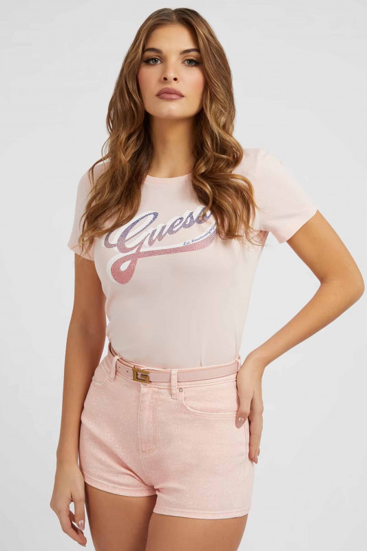 GUESS Damen T-Shirt - &quot;SS CN Shaded Logo Tee calm pink&quot;