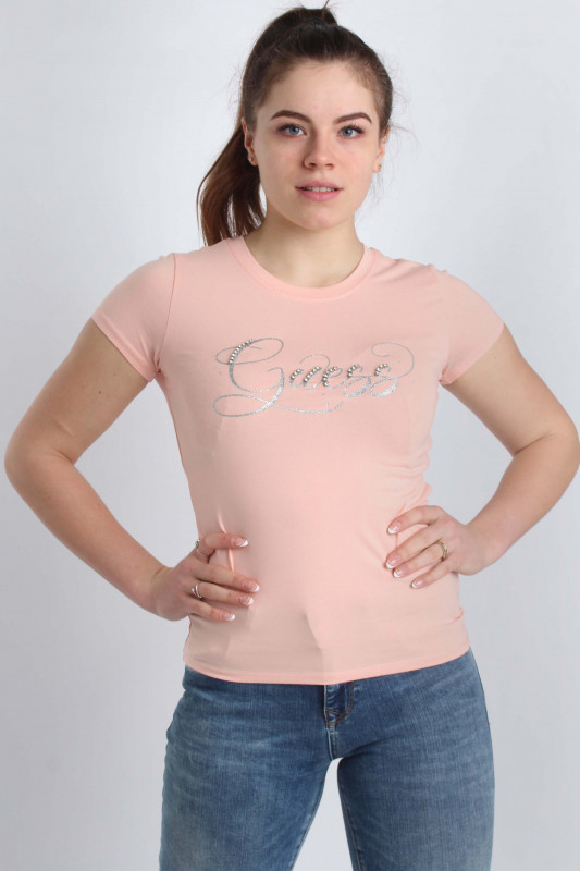 GUESS Damen T-Shirt - SS Glitzy Logo R4 peach creme