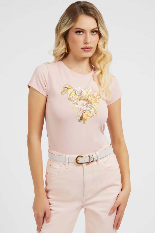 GUESS Damen T-Shirt - &quot;SS Guess Hibiskus Logo calm pink&quot;