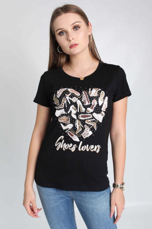 LIU JO Damen T-Shirt - &quot;T-SHIRT MODA MC NERO SHOES LOVE&quot;