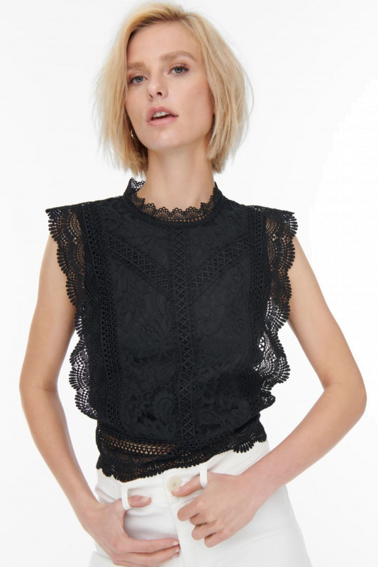 ONLY Damen Bluse, Kurzarm Karo s/l Lace Top black