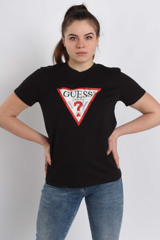 GUESS Damen T-Shirt - ES SS Classic Fit Logo Tee jet