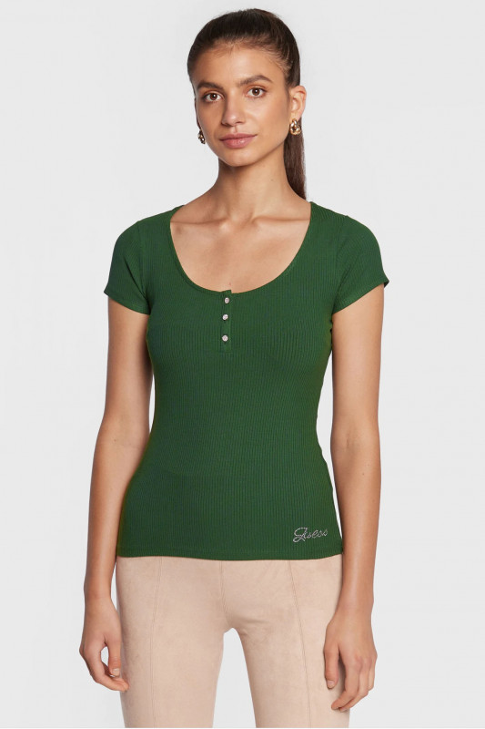 GUESS Damen T-Shirt - &quot;ES SS Karlee Jewel Henley moss&quot;