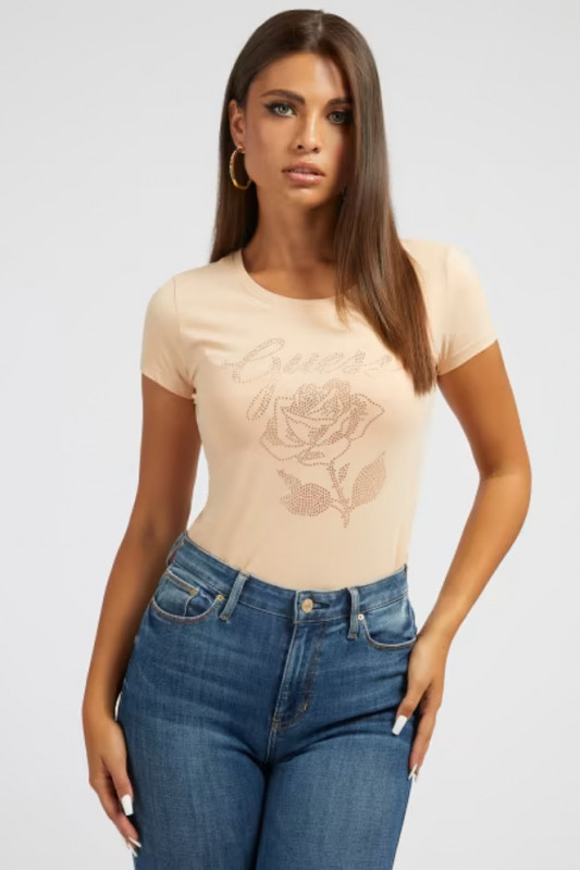 GUESS Damen T-Shirt - &quot;SS Rose Logo R3 smooth almond&quot;